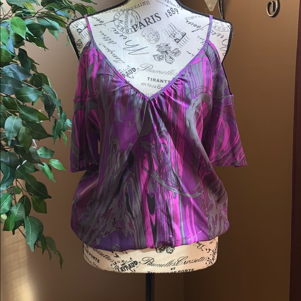 Purple, pink and grey silk cold shoulder top